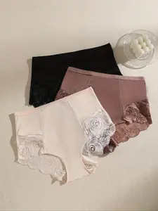 Women's Contrast Lace High Waist Knicker, Soft Comfy Breathable Medium Panty for Daily Wear, Underwear for All Seasons