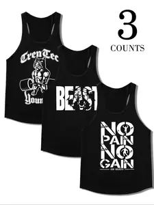 Men's Letter & Graphic Print Fitness Tank Top, Regular Fit Casual Workout Sleeveless Top for Daily Wear, Men's Top for All Seasons, Socks