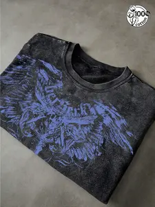 Unisex 100% Cotton Washed Vintage Blue Wing Skull Cross Print Oversized T-Shirt | Y2K Gothic Dark Grunge High Street American Retro Streetwear Top