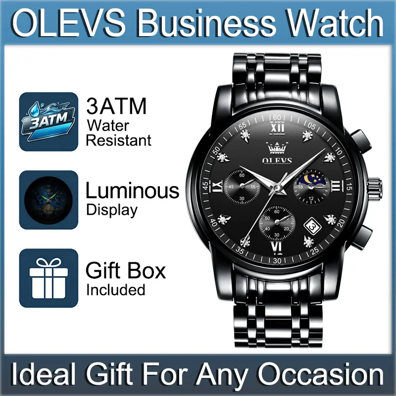 Vintage Formal Chronograph Wristwatch For Men OLEVS 2858, Sleek Black Roman Dial, 24H Day-Night Subdial & Date Display, Luminous Hands,3ATM Daily Splash Resistant, Perfect Birthday & Anniversary Gift