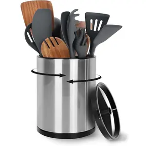 360° Rotating Kitchen Utensil Holder - Extra Large Stainless Steel Cooking Utensil Holder for Countertop, 3 Compartment Flatware Organizer （Silvery）