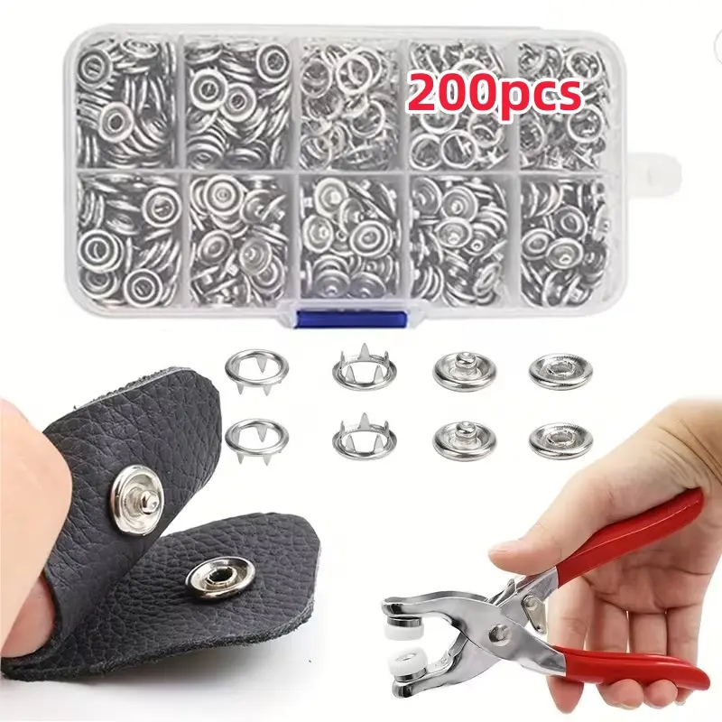 Rust Resistant Metal Snap Kit - 800PCS Fastener Pliers Tool, 200 Sets 3/8 Inch (9.5MM) Silver Stainless Steel Snaps, Installation Tool for DIY Crafting, Clothing, Brighter Color, Durability