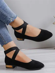 Women's Plus Size New Pointed Toe Cross-Strap Elastic Low-Heel Slip-On Shoes for Daily Comfort, Simple Shopping, Commuting, and Ballet Footwear