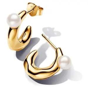 Pandora Treated Freshwater Cultured Pearl & Organically Shaped 14k gold plating Hoop Earrings 263261C01