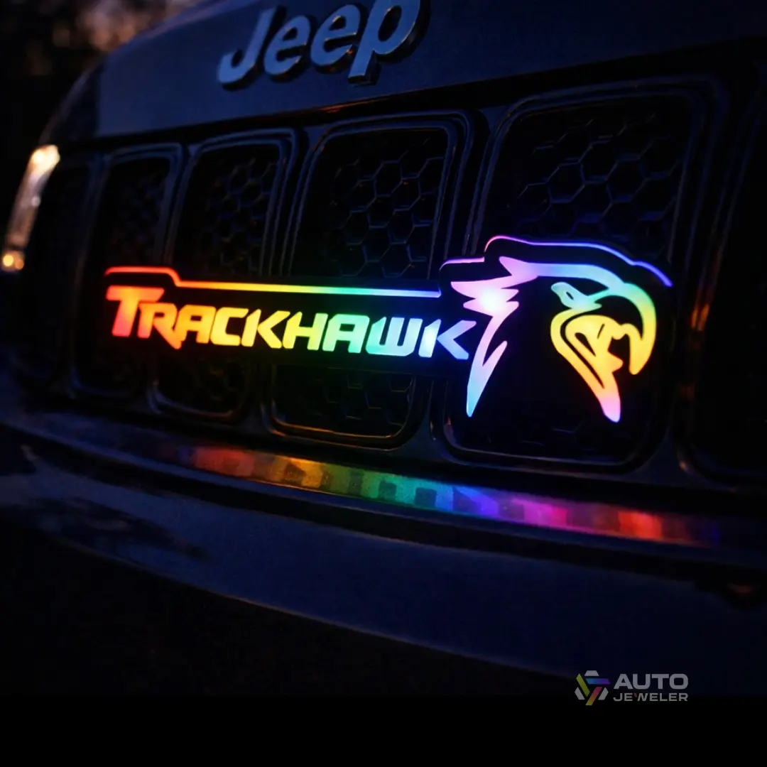 RGB Flow Series Acrylic+LED Lights Jeep Trackhawk Grill Upgrade Emblem Badge - Aggressive, Bluetooth App Controlled, 146 Dynamic Flow (2018-2021)
