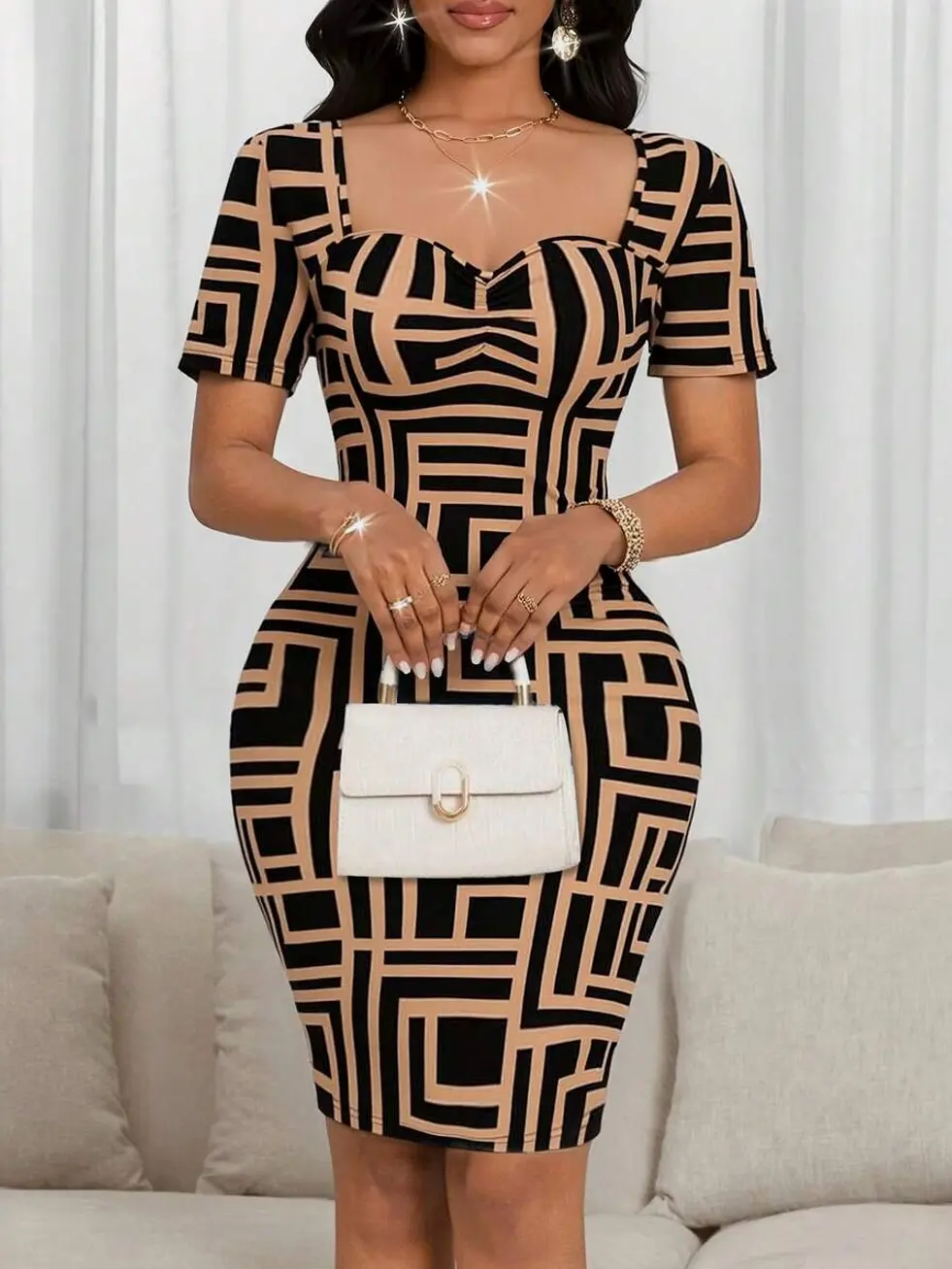 Lady Geo Print Sweetheart Neck Bodycon Dress For Women Half Sleeve Regular  Fit Pencil Hem Multicolor Knitted Fabric Slim Fit Elegant Beachwear -  TikTok Shop