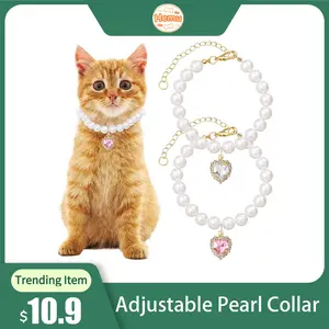 2pcs Adjustable Pearl Cat Collar with Heart-Shaped Rhinestones - Cute Pet Necklace for Weddings, Parties, & Birthdays