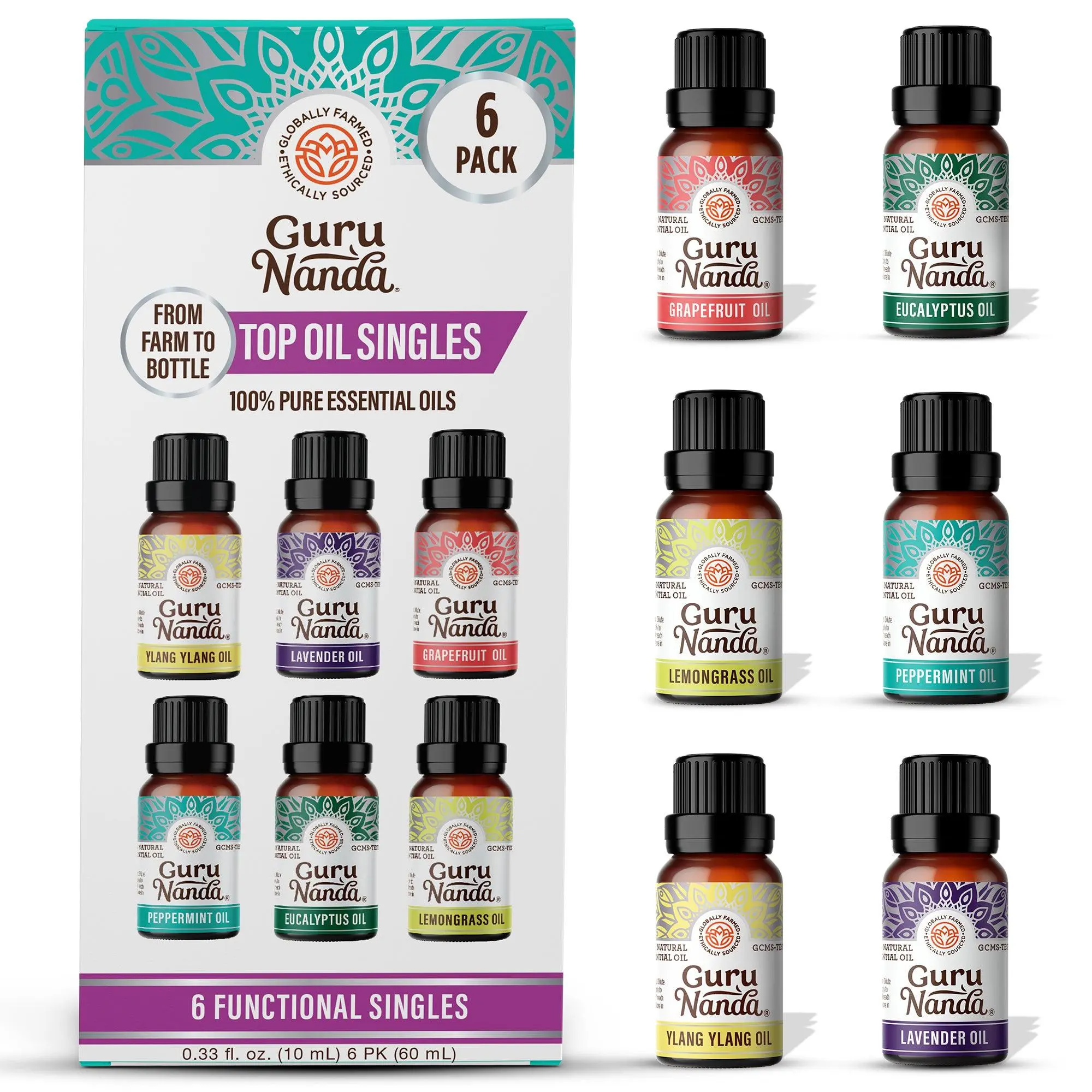 GuruNanda 6 Essential Oils Single Notes Set