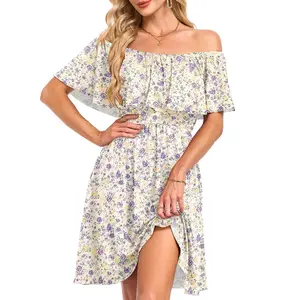 AUSELILY Women's Off the Shoulder Mini Dress - Floral Print, Casual Style, Summer Wear, Womenswear