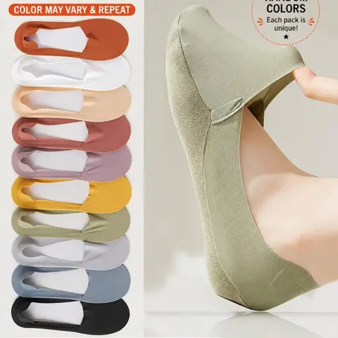 5/10 Pairs of Women's Invisible Knitted Socks, Casual Stylish Socks, Casual Breathable, Ultra-Thin, Medium for Summer, Seamless, Smooth, Anti-Slip, Moisture-Wicking Soles, Sweat-Wicking Socks, Women's Essential Basics
