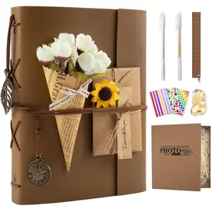 Scrapbook Photo Album 100 Pages, 60 Pages Self Adhesive+40 Pages Kraft Paper DIY Photo Book for 2x3 3x5 4x6 5x7 Pictures, Leather Memory Book for Wedding Baby Family Travel Birthday Christmas