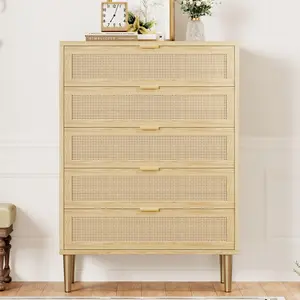 Modern Rattan 5 Drawer Tall Dresser, Vertical Wooden Chest of Drawers with Metal Legs & Handles, Farmhouse Narrow Skinny Storage Cabinet for Bedroom Living Room Entryway