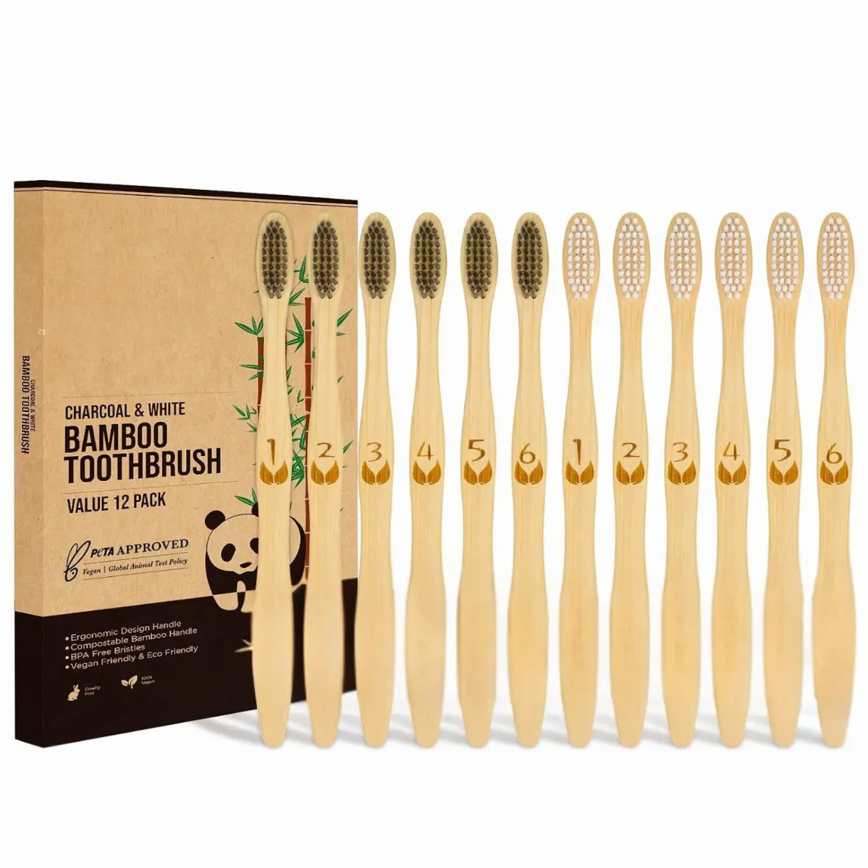Biodegradable Eco-Friendly Natural Bamboo Charcoal Toothbrushes, FSC Certified and PETA Approved - 12 Count