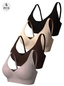 4 Pack 3D Push-Up V-Neck Bra, Wireless Buttery Soft Fabric, 4-Row Hook Firm Back Closure, Removable Pads, No Dig Adjustable Straps, Fully Invisible Under Clothes