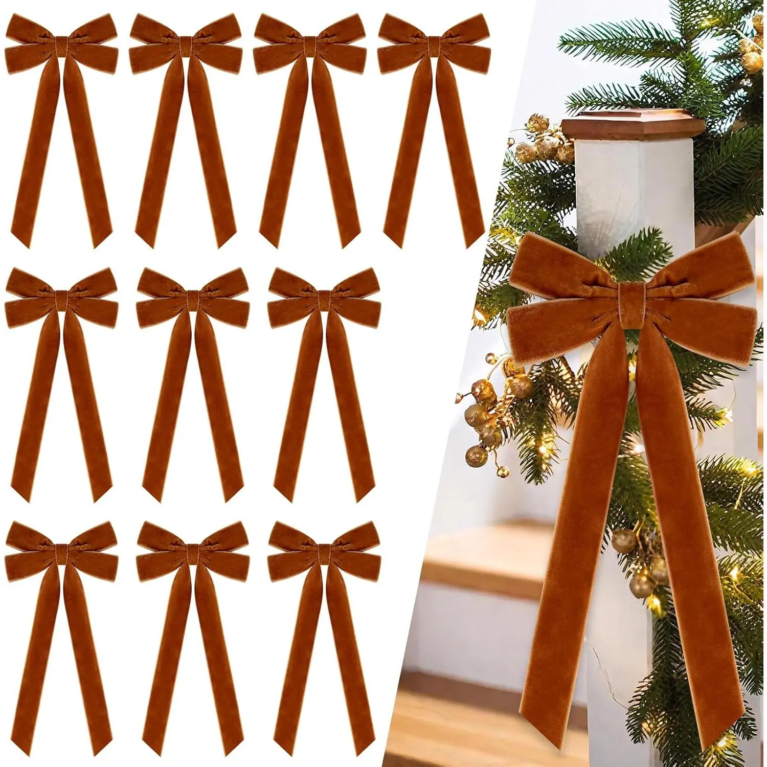 15 count  Christmas Bows, 5 x 12 Inch Christmas Tree Wreath Bows  Rustic Ribbon Bows for Garland  Decorations Xmas Wedding Holiday Indoor Outdoor Decor(Brown)
