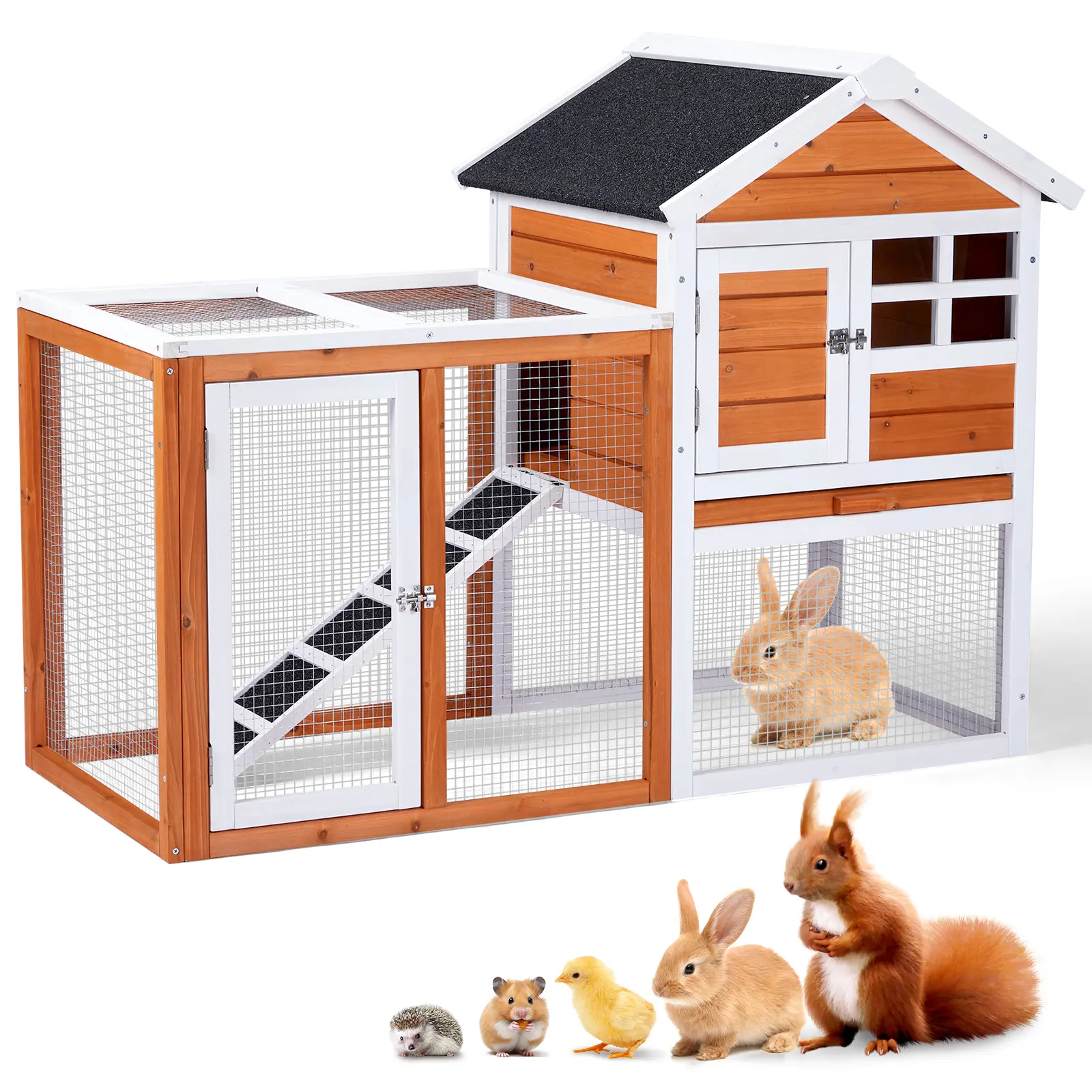 48" L×24.8" W×35" H 2-Story Fir Wood Ferret Habitat, Weather-Resistant Orange Mesh Cage with Run for Rabbits/Ferrets & Guinea Pigs, Secure Multi-Access Design, Pull-Out Cleaning Tray, Ladder, 31.7 Lbs/14.4 Kg