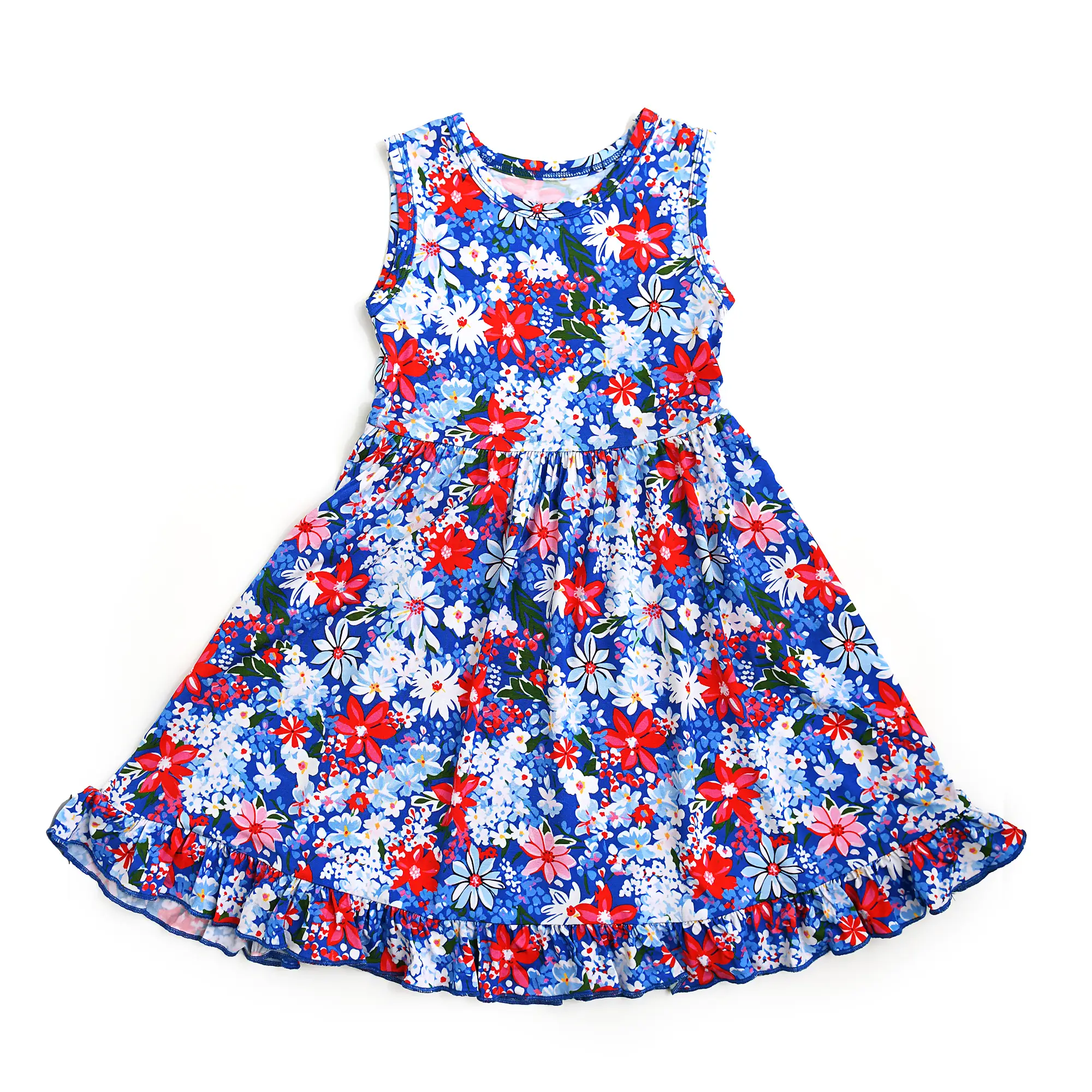 Presley Floral TANK TWIRL DRESS girl blue dress Bamboo 4th of July Gigi and Max