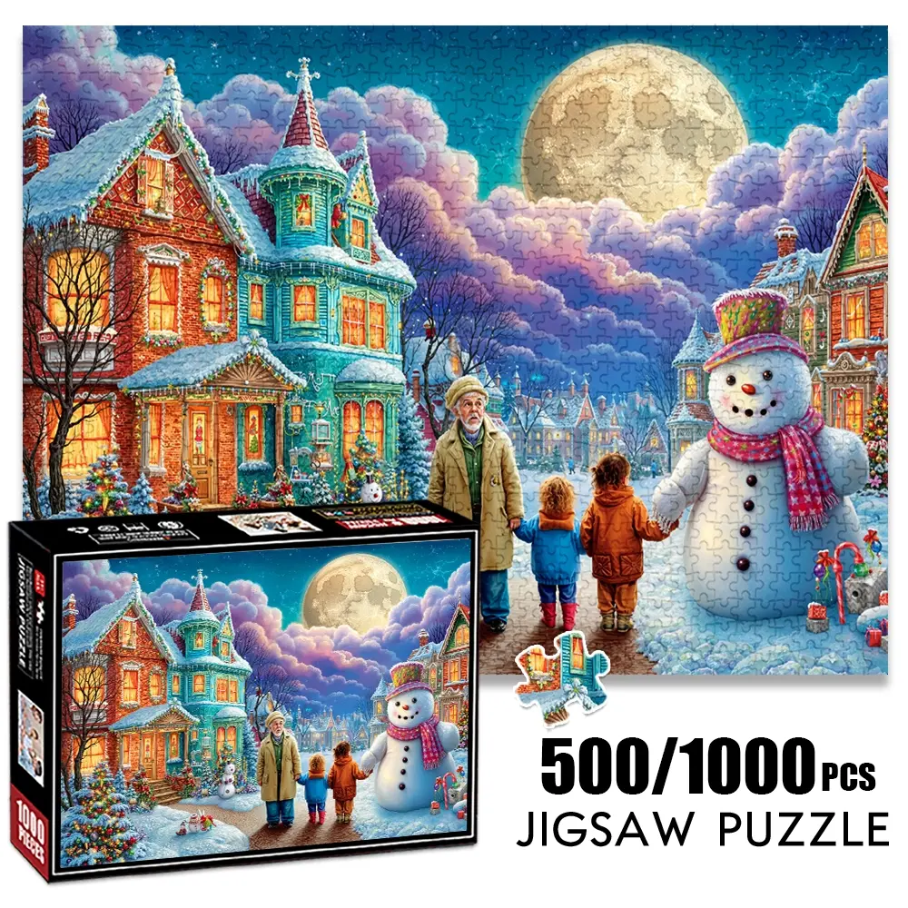 1pc 1000 piece adult puzzle 70x50cm Snowy Christmas Town Scene with Man, Kids and Snowman 500 pieces of paper jigsaw puzzle, suitable for adults and families, large-scale DIY puzzle interactive to