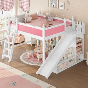 [Bellemave]Full/Queen Loft Bed with Storage Shelves and Cabinet, Solid Wood Loft Beds with Detachable Slide and Ladders, No Spring Box Needed, Pink and White