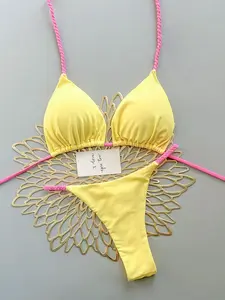 Women's 2-Piece Nylon Bikini Set - Suspender Triangle Top with Cute Side Straps, Sexy Cheeky Thong Bottom for Spring Glow-Up,summervibes