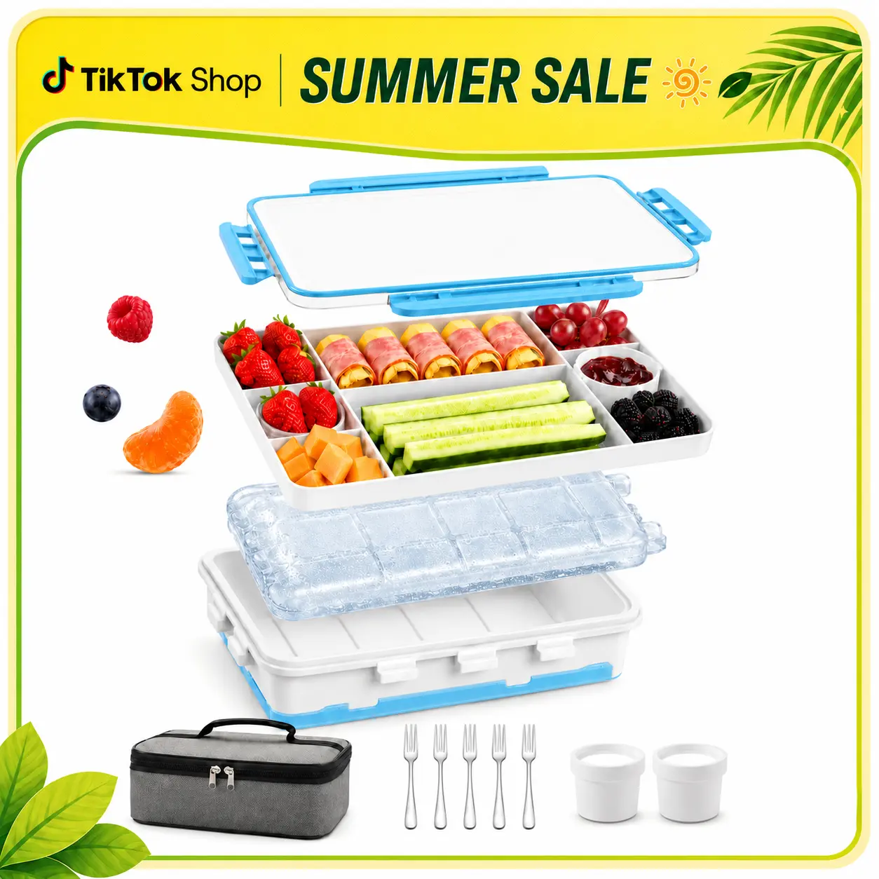 Chilled Portable Snackle Box Container with Reusable Ice Pack Divided Serving Tray Bonus Insulated Bag Dip Containers Forks for Charcuterie Snack Fruit Beach Travel Picnic Party Back to School Gift Food Storage Set #TikTokShopDealsforYouDays