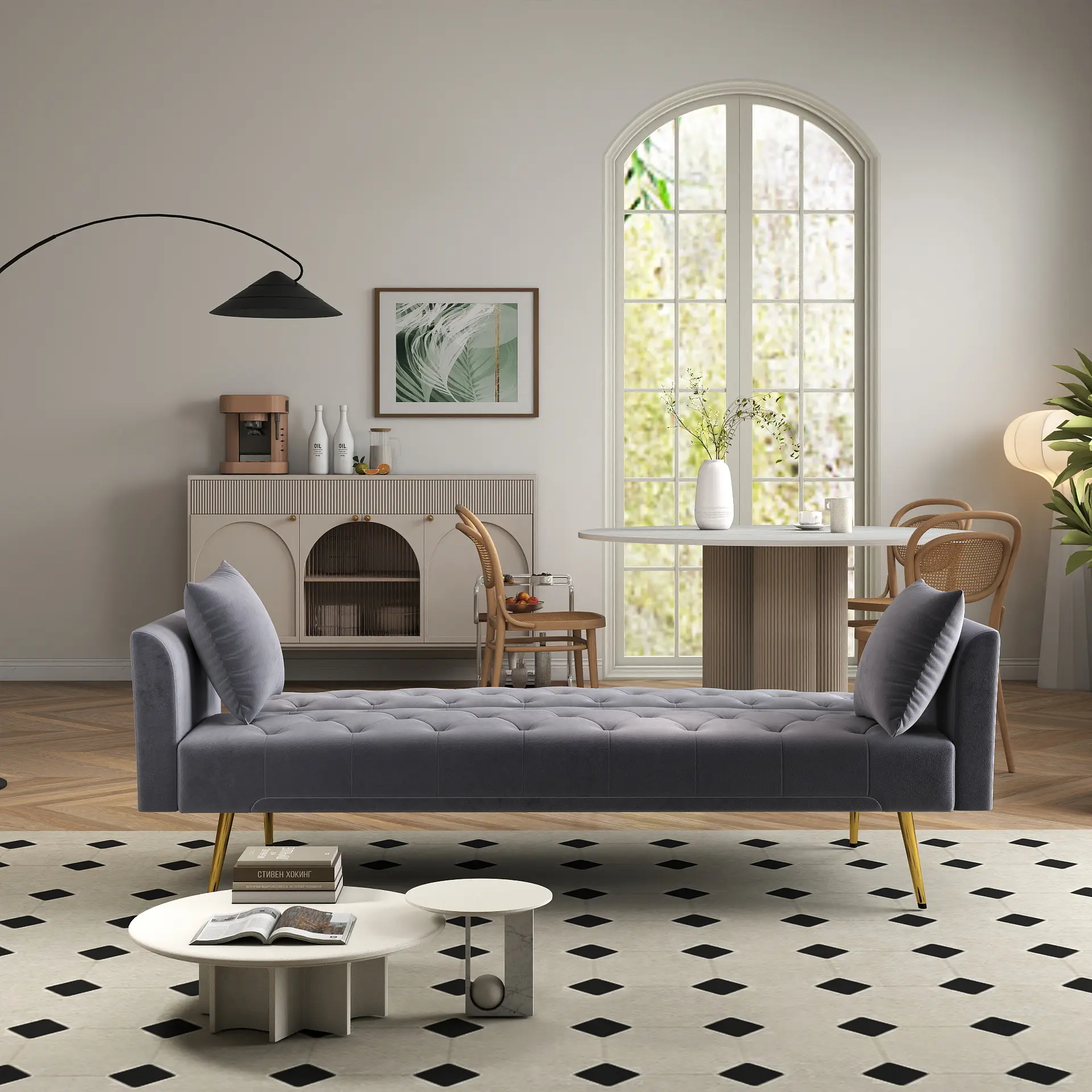 72 inch foldable sleeper sofa with tufted, American retro style, made of gray velvet material, suitable for small living rooms, bedrooms and offices. gray color