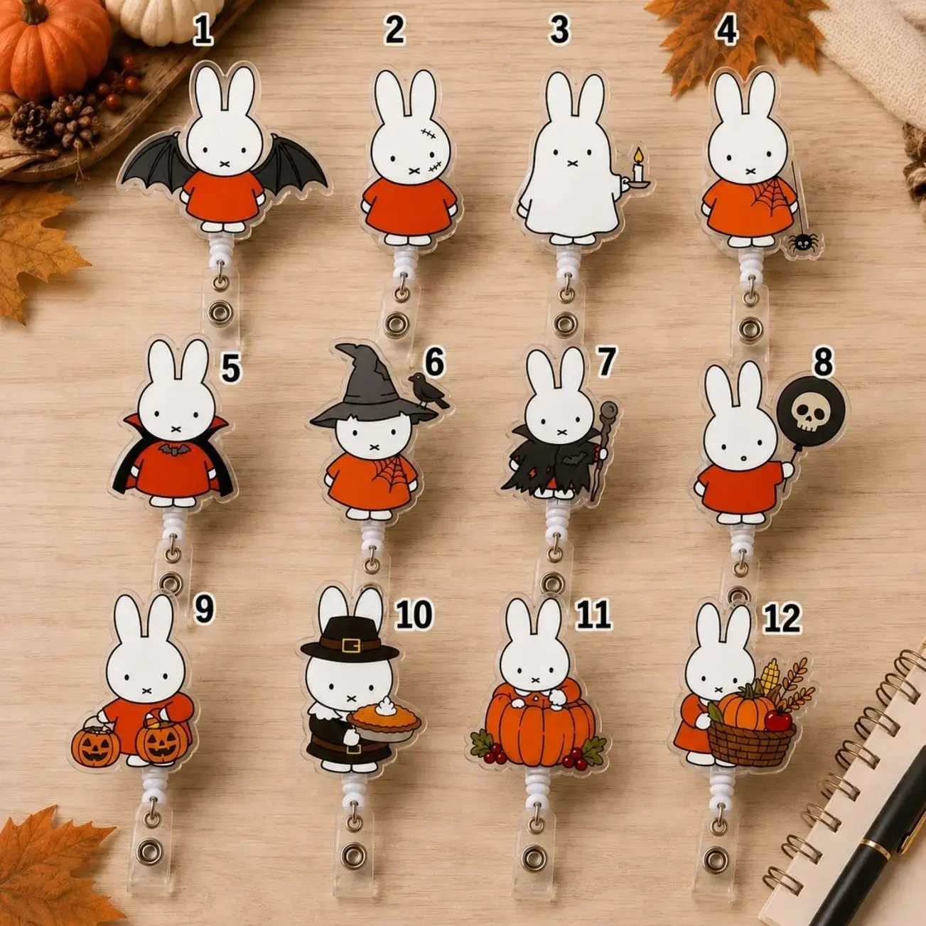 12 ops (not combo 12) Bunny Halloween Badge Reel, Nurse Badge Reel Cat, Bunny Kawaii Rabbit Halloween Badge Reel