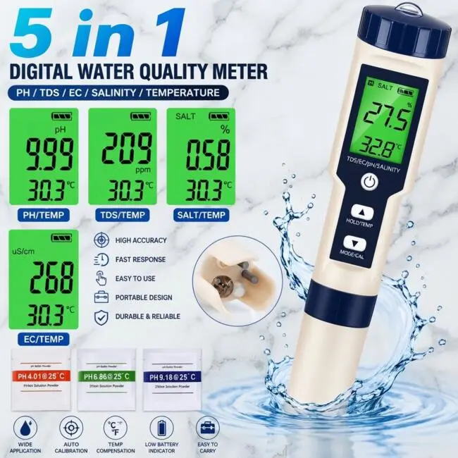 Portable 5-in-1 Water Quality Meter, Digital PH, TDS, EC, Salinity and Temperature Tester for Home, Aquarium and Hydroponic Use