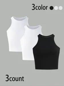 Women's Solid Tank Top, Elastic Basic Vest, Casual Comfy Vest, Casual Sleeveless Round Neck Top for Spring & Fall, Ladies Clothes for Daily Wear