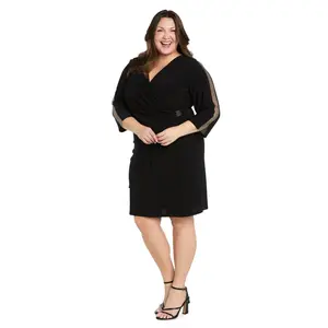 Rhinestone Mesh Sleeve Wrap Dress - Plus