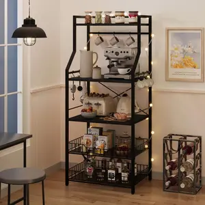 【GARVEE】5-Tier Kitchen Bakers Rack with 2 Large Wire Baskets, Industrial Microwave Oven Stand and Coffee Bar Station, Kitchen Utility Storage Shelf with 8 Hooks for Organizing Spices and Pots, Rustic Black