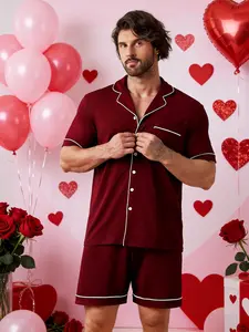 Valentine's Day Sleepwear Set, Plain Comfortable Button Front Lapel Short Sleeve Top, Elastic Waist Shorts, Men's Pajamas and Homeewear