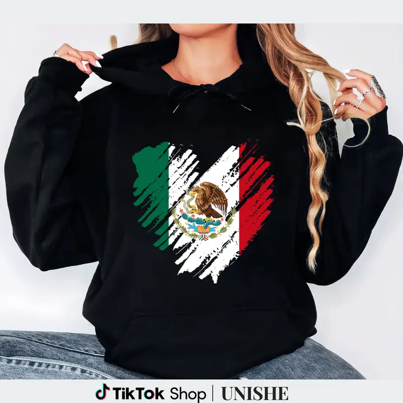 Long Sleeve Hoodie with Mexico City Heart Flag Design – 100% Mexico Fabric Womenswear Prints Straight