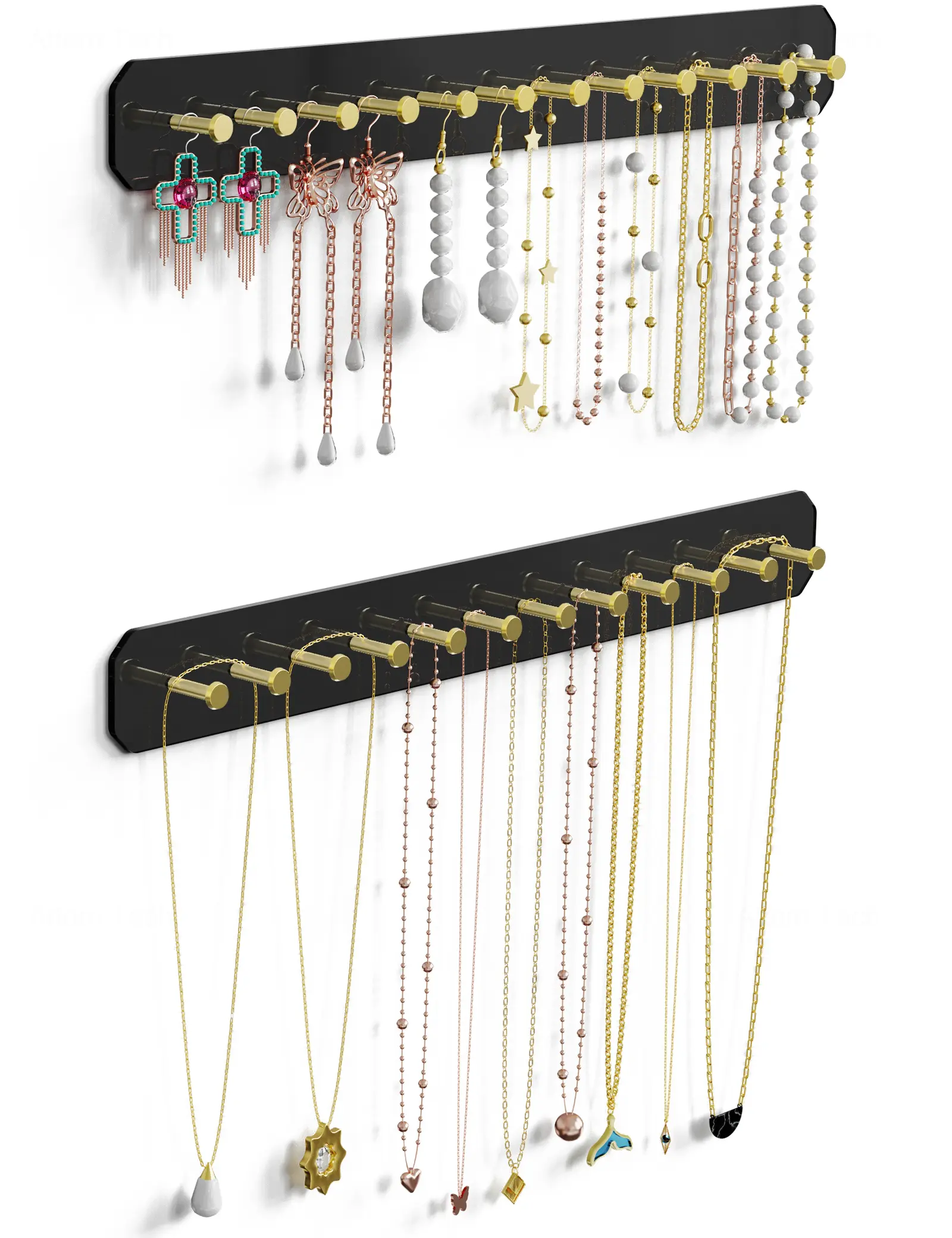 NiHome 2-Pack Wall Mounted Acrylic Jewelry Organizer Shelves - Durable, Sleek Rack with Strong Hooks, 1"d x 13.8"w x 1.6"h Carbon Steel Storage, Dresser Organization for Bedroom Decor, Wall Organizer Shelf, Two Packs