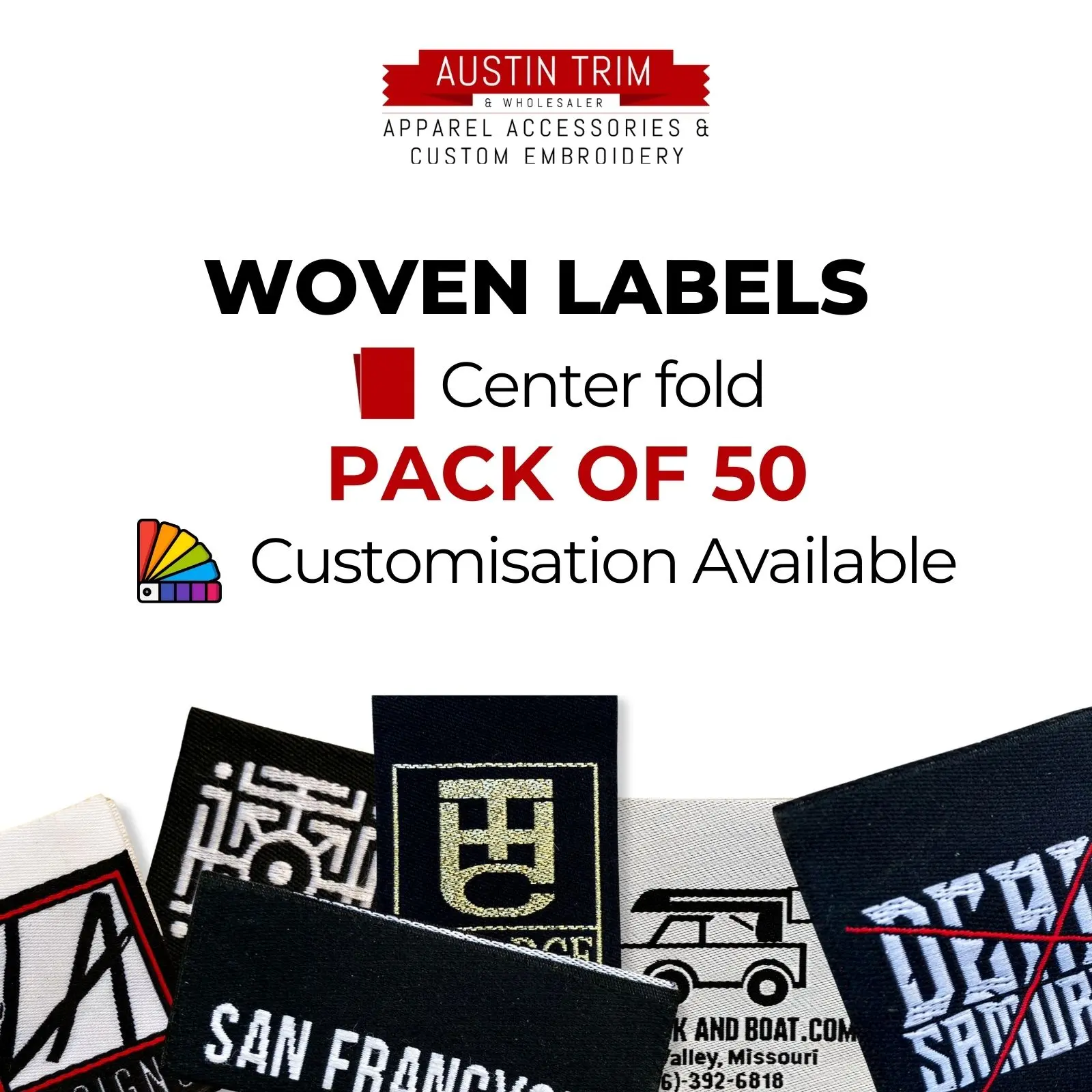 High-Quality Austintrim Woven Clothing Labels - Wholesale Cotton Center Fold 50-Pack, 1.5 x 3.5 Size
