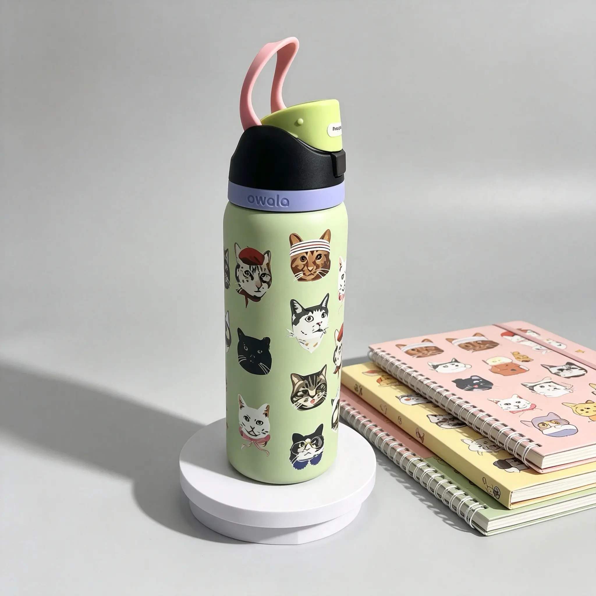 32oz Pastel Sage Owala FreeSip Insulated Stainless Steel Flasks, Travel Bottle with Fun Cartoon Cat Faces, Leak-Resistant Sip Lid, Aesthetic Gift for Cat Moms