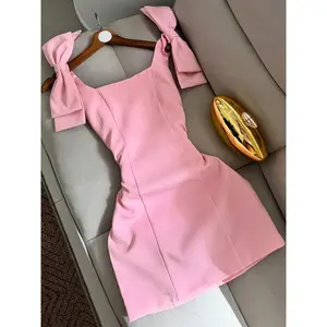 Women'S Y2K Pink Bow-Decorated Square Neck Slim Fit Dress - Stretchy Polyester-Spandex Blend, Machine Washable, Spring/Fall Casual & Formal Wear
