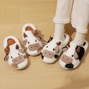 Cute Cow Slippers For Women Girls Fluffy Winter Warm House Shoes Cartoon Milk Cow Funny Animal Slippers Slide Footwear