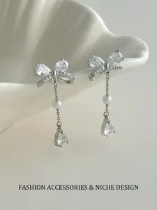 Silver Color Rhinestone Bow Pearl Earrings, Elegant Dangle Design, Perfect Gift for Women, Stylish Accessory for Daily Wear