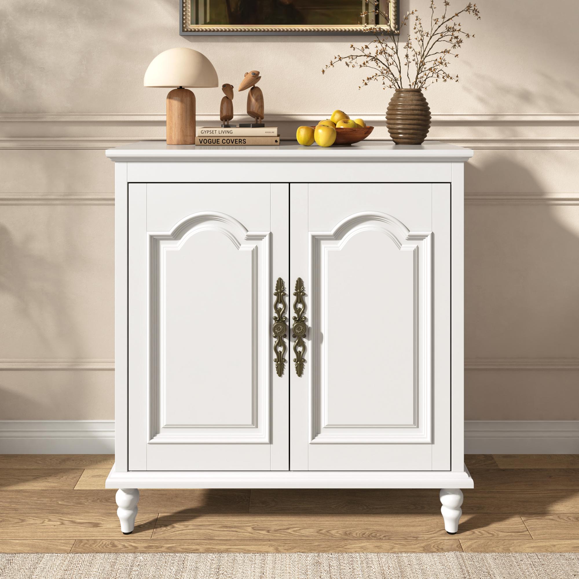 32" Farmhouse Sideboard Buffet Cabinet with Farmhouse Look, Wood Carving Design, Brass Carved Handles, Solid Wood Gourd Legs, Adjustable Shelves, Multi-Function Media Console for Entryway & Dining Room