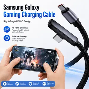 2PCS 90° Right Angle USB-C to USB-C Fast Games Charging Cable for Samsung Galaxy S24 Ultra/S24+/S23 Ultra/S22, Z Fold 6, Z Flip 6, Galaxy Tab & Android – PD/PPS 100W 6A Braided Gaming Charger Cord, No Hand Blocking