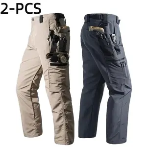 2-Pack Men's durable outdoor training pants, men's multi-pocket work pants, men's solid color and printed pocket zipper waterproof tactical cargo pants without belt, regular fit sports pocket durable autumn pants.