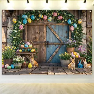 Easter Themed Backdrop, 1 Count Wooden Door & Rabbit & Egg Pattern Backdrop, Decorative Banner for Home Party & Festival, Grad Party Decorations, Wall Decor Banner