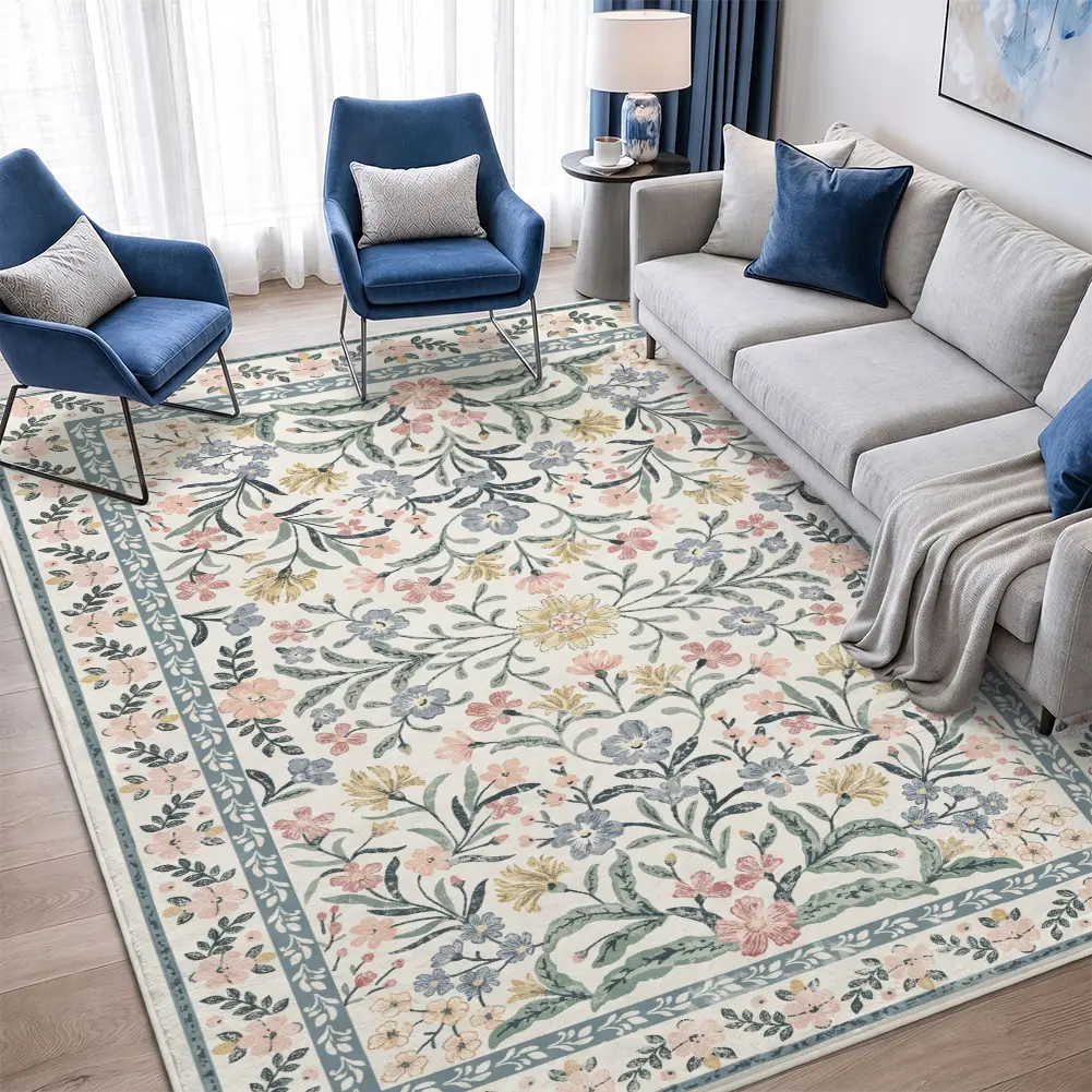 Vintage Floral Velvet Area Rug, Soft Colorful Bedroom Carpet, Traditional Home Decor, Room Makeover