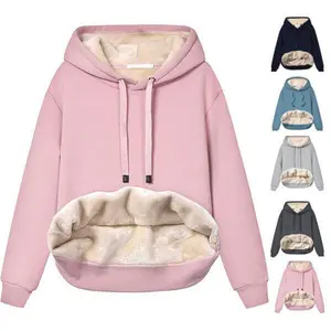 Women's winter hoodie pullover Sherpa wool warm and thick long sleeved pullover sweatshirt can be paired with raincoat