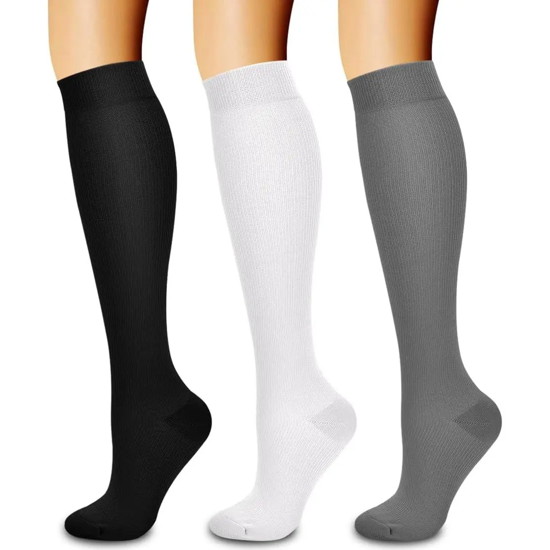 3-Pack Unisex Full-Length Compression Stockings for Adults - Running, Circulation Support