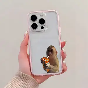 Transparent phone case with pink monkey drinking juice pattern, anti drop and shockproof, suitable for iPhone 16/15/14/13/12/Pro/ProMax/Plus series, birthday gift, holiday gift, couple phone case