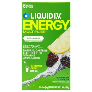 Liquid I.V. Sugar-Free Electrolyte Drink Mix + Energy, Blackberry Lemonade, Hydration Powder with Natural Caffeine, 6 On-the-Go Sticks