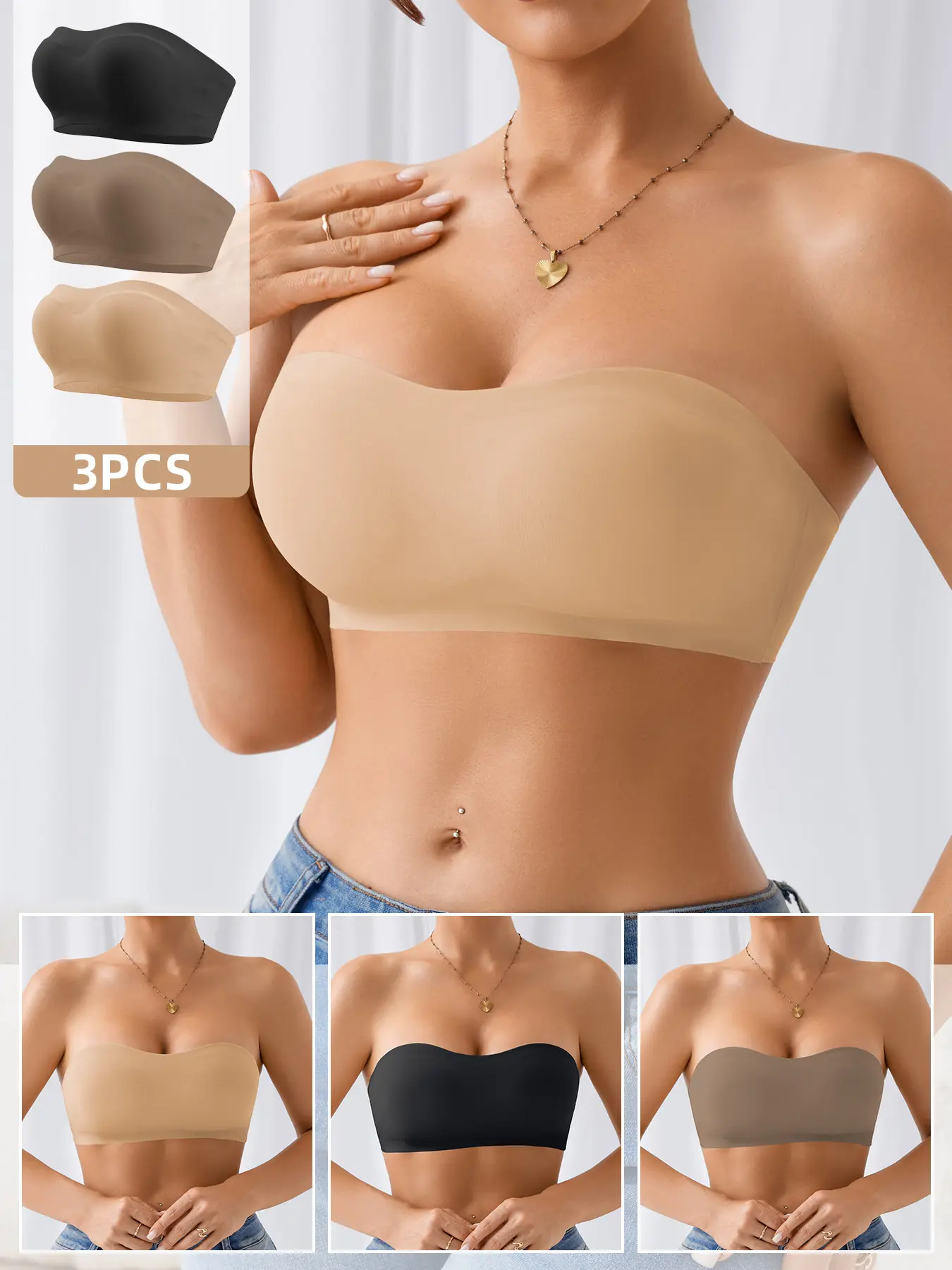 Women 3-Pack Versatile Multi-Color Strapless Bandeau Bra Set, Wireless Support Push Up Invisible Anti-Slip Tube Bra, Lightweight Soft Skin-Friendly Daily Wrap Bra With Removable Padded Cups