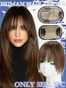 Real Hair Women's Hairpiece with Bangs, Clip-On Hair Extensions, Various Lace Sizes 5x9 & 8x12, Cover Bald Spots, Perfect Daily Use